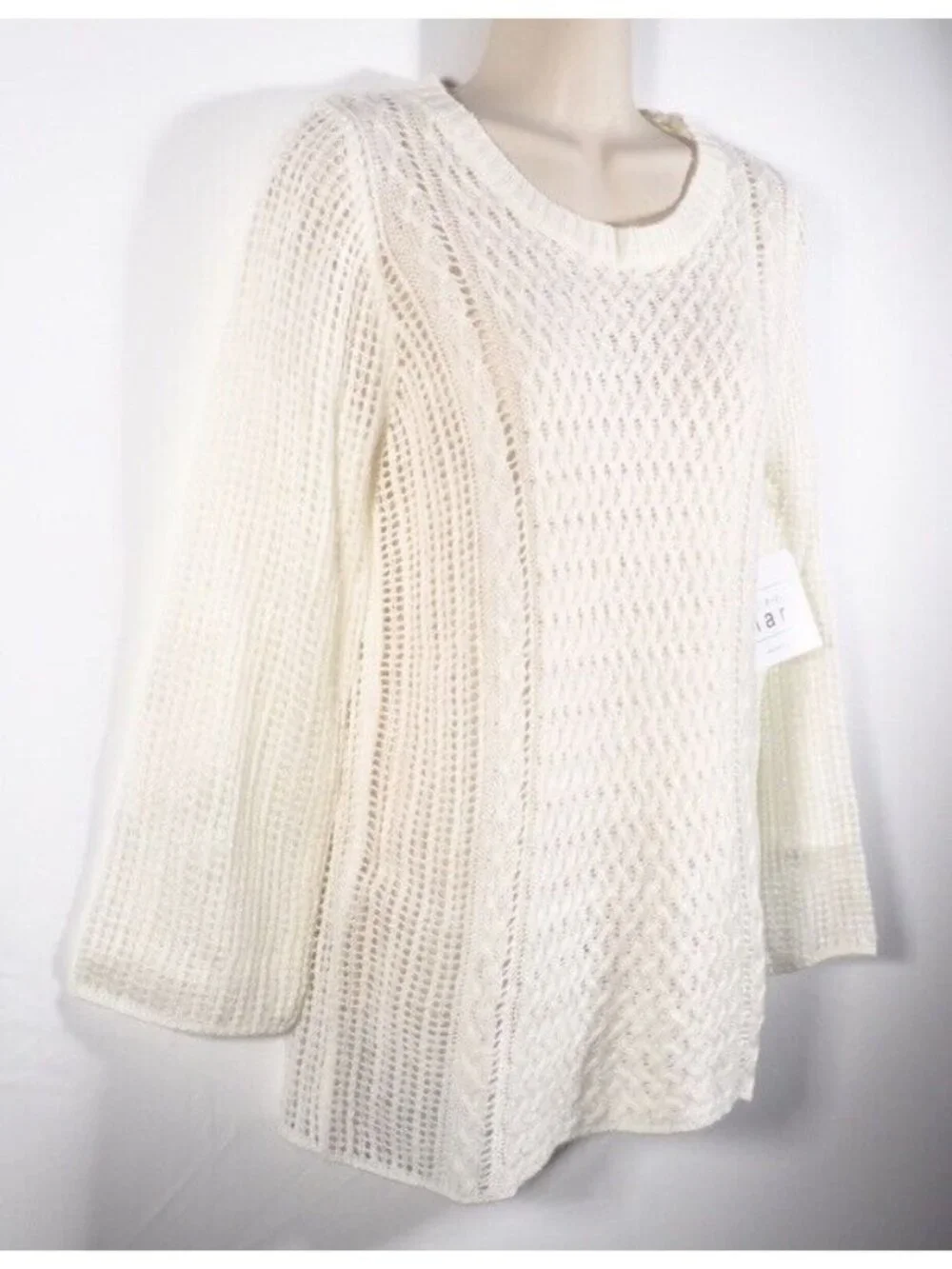 Keren Hart Womens Sweater SIze M Crocheted Ivory Crew Neck Bell Long Sleeve